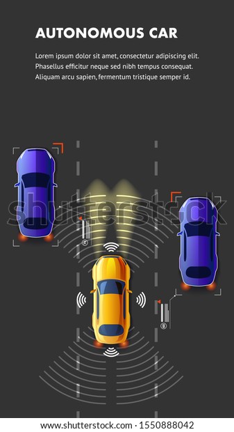 Autonomus Car
Highway Road Traffic Top View Illustration. Vehicles with Auto
Pilot Driver Assist. Intelligent Automobile Safety GPS Connected
Vehicle Communication Sensing
System.