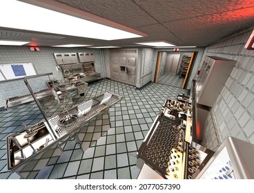 autopsy room security camera view scene, 3d illustration