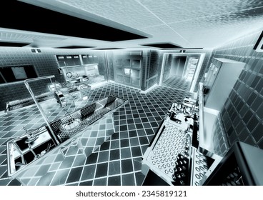 autopsy room security camera view scene, 3d illustration