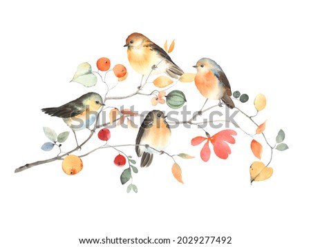 Autumn abstract decoration with colorful birds, flowers, leaves and berries on branch fantastic tree. Watercolor wildlife print isolated on white background, illustration of garden, nature banner.