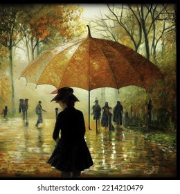 Autumn Alley On A Rainy Day, In The Background People, Trees In Orange Colors, In The Foreground A Dark Silhouette Of A Girl With An Orange Large Umbrella