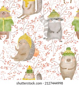 Autumn Animals Seamless Pattern In Watercolor. Cute Baby Bear, Hedgehog, Boar, Raccoon And Beaver In Warm Hats, Jacket, Scarf With Branches And Berries On White Background. For Children Decor Print.