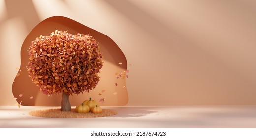 Autumn Background. Bright 3d Fall Aesthetic Illustration. Tree With Red, Yellow Leaves And Orange Pumpkins On The Grass. Copy Space For Text.