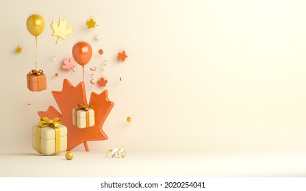 Autumn background with maple leaves gift box balloon acorn, copy space text, 3D rendering illustration - Powered by Shutterstock