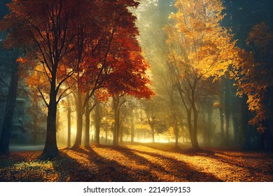 Autumn background Yellow red orange leaves and trees during autumn season with warm sunlight Beautiful nature scene 3d render - Powered by Shutterstock