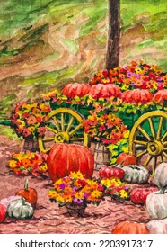 Autumn  Beautiful autumn still life and pumpkin  flowers  farm wagon  Watercolor painting  Acrylic drawing art  A piece art  