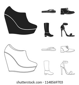 Autumn black shoes on a high platform, flip-flops green for relaxation, sandy men autumn shoes, high brown boots. Shoes set collection icons in black,outline style bitmap symbol stock illustration web