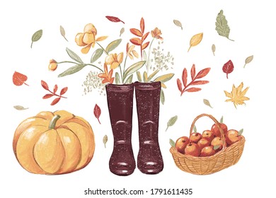 Autumn, boots, leaves, flowers, apples, pumpkin on a white background - Powered by Shutterstock