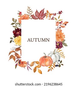 Autumn botanical frame and watercolor pumpkins  leaves  branches  Rectangle border and space for text  Hand  painted fall plants illustrtaion 