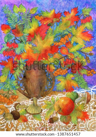Autumn bouquet of leaves and berries. Beautiful hand drawn watercolor illustration and colored pencils. Drawing a bouquet of leaves and berries for the design of posters, prints, cards, textiles.