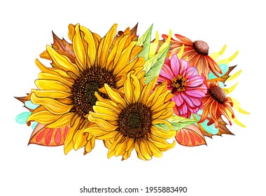 Autumn bouquet of yellow sunflowers and daisies. Hand drawn watercolor painting. Buds of garden flowers with tree leaves. Illustration isolated on white background.