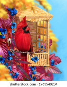 Autumn bright background, bird red cardinal sits on a tree branch, yellow, orange falling foliage, blue berries, snail, feeder, birdhouse, 3d rendering