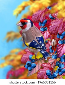 Autumn bright background, goldfinch bird sits on a branch, red, yellow foliage, blue berry, snail, soft focus,