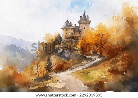Autumn Castle, landscape painted with watercolors on textured paper. Digital Watercolor Painting