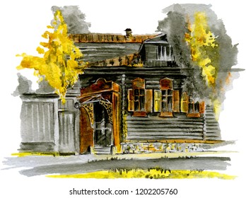 Autumn city landscape. View of old traditional Russian house. Yellow leaves. Watercolor, Indian ink. Artwork picture.