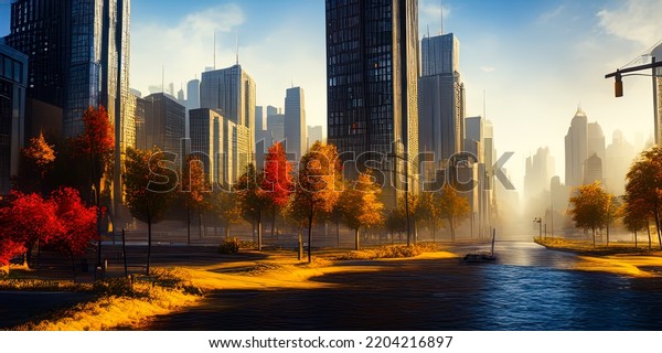Autumn cityscape painting. Urban city, skyscraper buildings. Park landscape, yellow fall. Orange leaves. Cartoon cityscape illustration. Watercolor, oil paint. Water, pond, lake in autumn city park. 