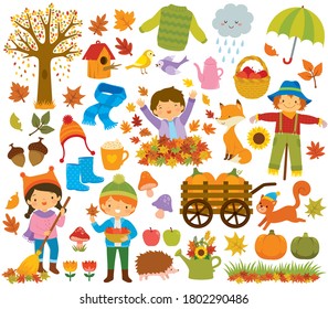 Autumn clipart set with kids, autumn leaves, forest animals and other symbols of fall. - Powered by Shutterstock