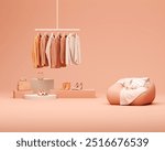 Autumn Clothes hanging on a rack with Peach fuzz color, pastel orange background. Coat, sweater, warm shirt hanging on the hangers. Creative composition. Sale concept