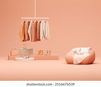 Autumn Clothes hanging on a rack with Peach fuzz color, pastel orange background. Coat, sweater, warm shirt hanging on the hangers. Creative composition. Sale concept - Powered by Shutterstock