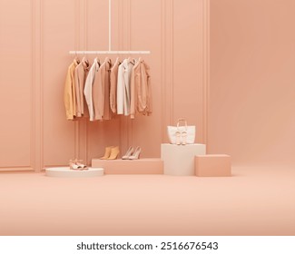 Autumn Clothes hanging on a rack with Peach fuzz color, pastel orange background. Coat, sweater, warm shirt hanging on the hangers. Creative composition. Sale concept - Powered by Shutterstock