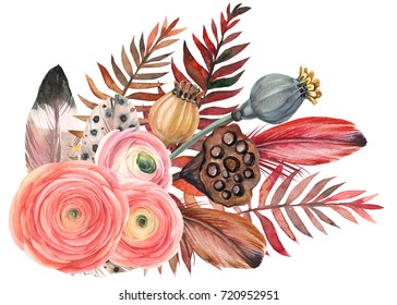 autumn composition of feathers, seeds of poppy and lotus, ranunculus and leaves, watercolor illustration, hand drawing