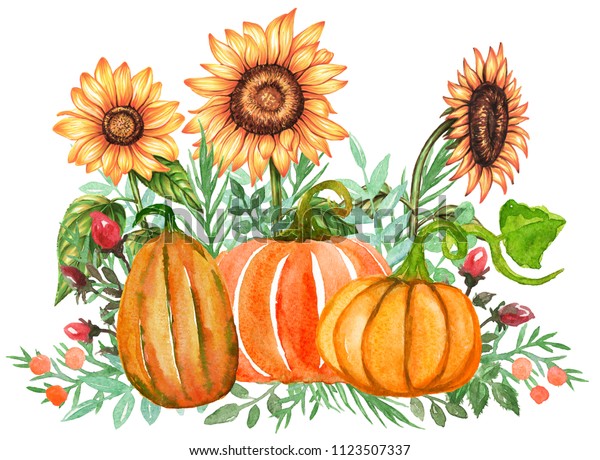 Autumn Composition Pumpkin Sunflower Leaves Watercolor Stock