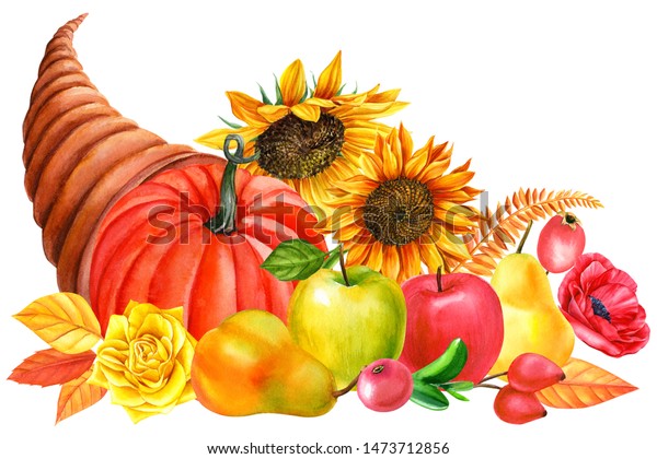 Autumn Cornucopia Flowers Vegetables Fruits On Stock Illustration ...