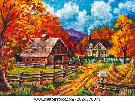 Autumn country landscape. Agriculture Farm barn and farmhouse. Red Tree leaves. Thanksgiving day. Fall season. Watercolor painting. Acrylic drawing art. A piece of art.