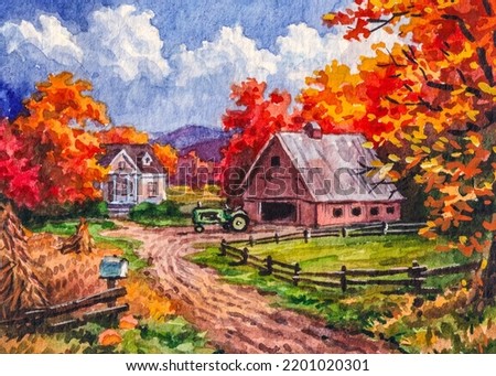 Autumn country landscape. Agriculture farm barn and farmhouse. Red Tree leaves. Thanksgiving day. Fall season. Watercolor painting. Acrylic drawing art. A piece of art.
