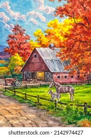 Autumn Country Landscape. Farm With Barn And Horse. Red Forest Tree Leaves. Good For Post Or Greeting Card. Watercolor Painting. Acrylic Drawing Art. A Piece Of Art. 