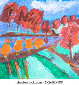 Autumn countryside landscape. Colorful red yellow orange golden trees reflecting in water. Amazing beautiful view of fall season countryside meadows green grass background. Expressionism. Art painting