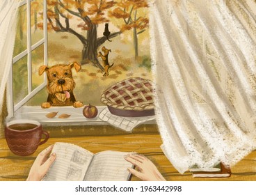 Autumn Cozy Garden Home Window Apple Pie Dog Country Rest Relax 