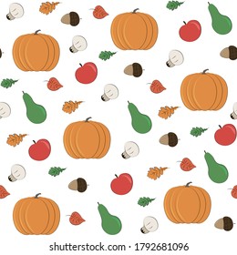 Autumn cute cartoon seamless pattern  Vegetable fruit  leaves  acorns  mushrooms  Easy for design fabric  textile  print  icon for cover  t  shirt print  label  banner  paper  invitation cards design 