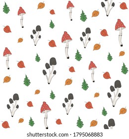 Autumn cute cartoon seamless pattern  Fall leaves  mushrooms  Easy for design fabric  textile  print  icon for cover  t  shirt print  label  banner  paper  invitation cards design 
