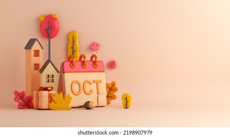 Autumn decoration background with calendar, house, orange leaves, gift box, acorn, trees copy space text, 3d rendering illustration - Powered by Shutterstock