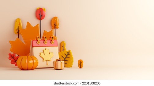 Autumn decoration background with calendar, pumpkin, orange leaves, gift box, acorn, trees copy space text, 3d rendering illustration - Powered by Shutterstock