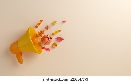 Autumn decoration background with megaphone, orange leaves, gift box, copy space text, 3d rendering illustration - Powered by Shutterstock