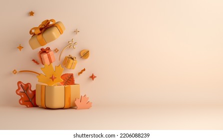 Autumn decoration background with orange leaves, shopping bag, gift box, acorn, copy space text, 3d rendering illustration - Powered by Shutterstock