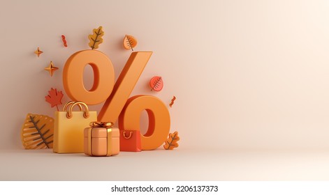 Autumn decoration background with percent symbol, shopping bag, gift box, copy space text, 3d rendering illustration - Powered by Shutterstock