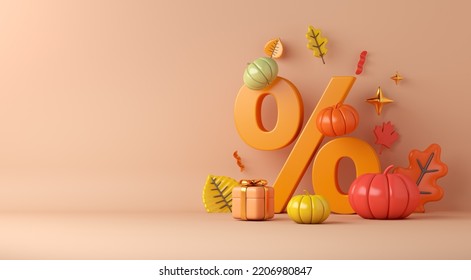 Autumn decoration background with percent symbol, pumpkin, orange leaves, gift box copy space text, 3d rendering illustration - Powered by Shutterstock