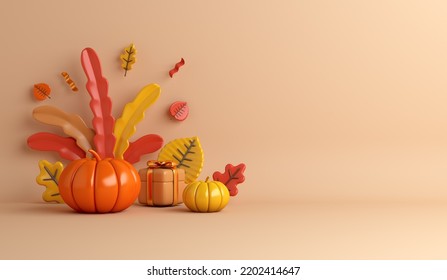 Autumn decoration background with pumpkin, orange leaves, gift box copy space text, 3d rendering illustration - Powered by Shutterstock