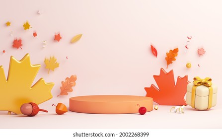 Autumn display podium decoration background with maple oak leaves acorn gift box, copy space text, 3D rendering illustration - Powered by Shutterstock