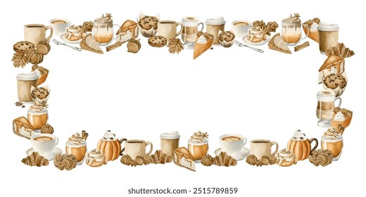 Autumn Drinks and Pastry Desserts Horizontal Frame. Fall Sweets and Beverages. Watercolor food illustration isolated on white background for Thanksgiving and fall design, cook book, packages, card - Powered by Shutterstock