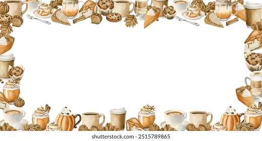 Autumn Drinks and Pastry Desserts Horizontal Frame. Fall Sweets and Beverages. Watercolor food illustration isolated on white background for Thanksgiving and fall design, cook book, packages, card - Powered by Shutterstock