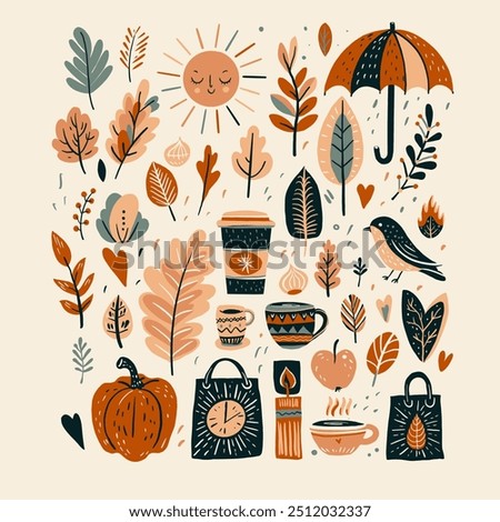 Autumn elements set, doodle, herbarium, mood, caffe