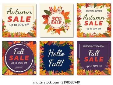 Autumn Or Fall Sale Banner, Background Set With Colorful Leaves. Autumn Discount, Hello Fall Social Media Poster Design Templates With Foliage Frame. 