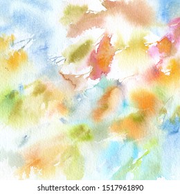 Autumn Floral Background. Watercolor Floral Painting. Yellow, Orange, Blue Colorful Wallpaper. Delicate Drawing Flowers. 