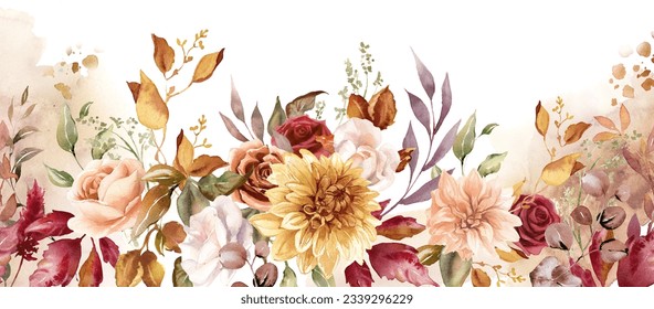 ダリア、ローズ、ユーカリの葉と秋の花柄の境界。バナー、背景に秋のフレーム。黄色い背景にオレンジ色の花を焼き、テラコッタの葉。水のカラーイラスト。素朴な結婚式
のイラスト素材