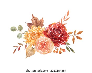 Autumn Floral Bouquet. Watercolor Hand-painted Fall Flowers And Tree Leaves Arrangement, Isolated On White Background.