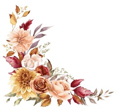 Autumn Floral Corner Border. Painted Bouquet With Dahlia, Rose And Eucalyptus. Fall Foliage Frame. Watercolor Illustration
